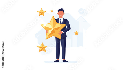 Professional businessman holding a big golden star for high performance and success. Concept of employee recognition, leadership, career achievement, excellence award, and business growth.