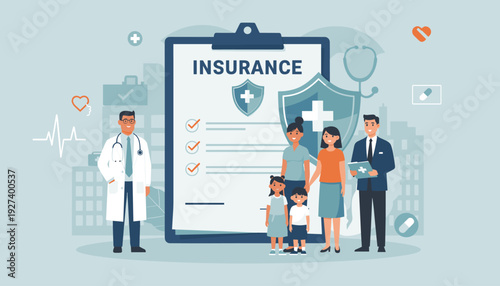 Comprehensive health and life insurance concept featuring a happy family, professional doctor, and agent standing by a large clipboard document with protective shield and medical icons for care.