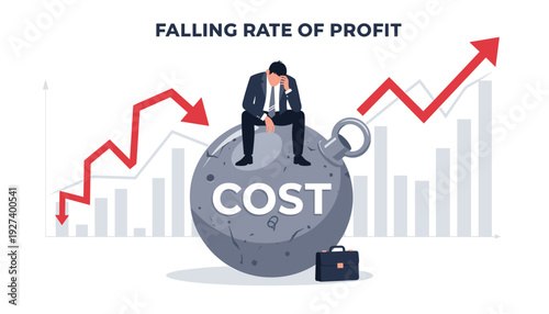 Stressed businessman sitting on heavy weight labeled cost, struggling with falling rate of profit. Red arrows show declining income and rising expenses. Financial crisis and economic recession