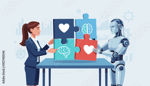 Businesswoman and Robot Assembling Puzzle with Heart and Brain Icons, Representing Synergy Between Human Emotional Intelligence and Artificial Intelligence for Innovation and Problem Solving