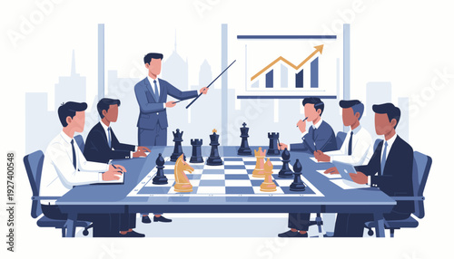 Business Strategy Illustration with Professionals in a Corporate Meeting Room Playing Chess on a Table to Represent Strategic Planning, Leadership, and Successful Growth with a Data Chart.