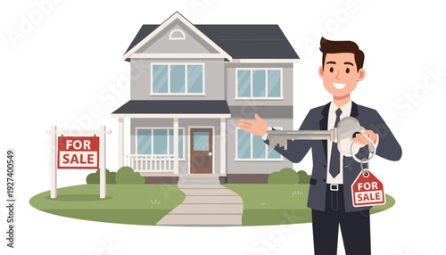 Real Estate Agent Holding Keys to a House for Sale. Professional Realtor in a Suit Standing in Front of a Beautiful Two-Story Suburban Home with a For Sale Sign on the Lawn. Vector Concept.