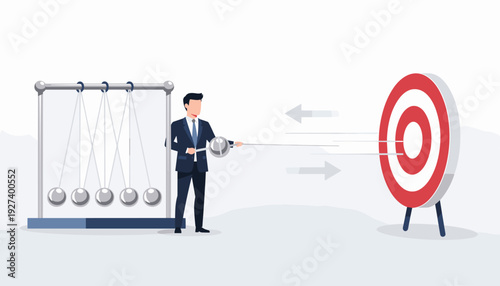 Businessman using Newton's cradle to hit a bullseye target, conceptualizing business impact, momentum, strategic goal achievement, and cause and effect for professional success. Vector art.