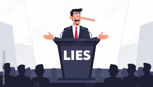 Dishonest politician or businessman with a long nose giving a speech at a podium with the word Lies. Concept of deception, corruption, fake news, untrustworthy leadership, fraud, and dishonesty.