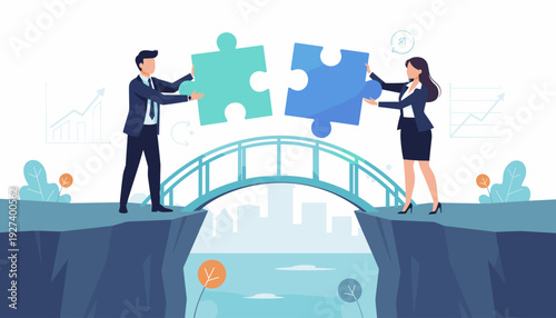 Business Partnership and Teamwork Concept with Professional Man and Woman Building a Bridge Using Large Puzzle Pieces to Connect Over a Chasm, Symbolizing Collaboration, Synergy, and Success.
