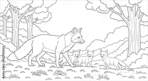 Fox Mother and Kits Exploring Forest Clearing Nature Inspired Coloring Art. transparent.