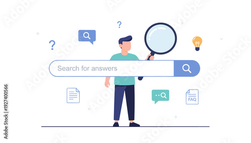 Man Holding Magnifying Glass Behind Large Search Bar for Finding Answers and Information, Concept of Online Research, Customer Support, FAQ, Help Center, and Data Discovery Vector Illustration