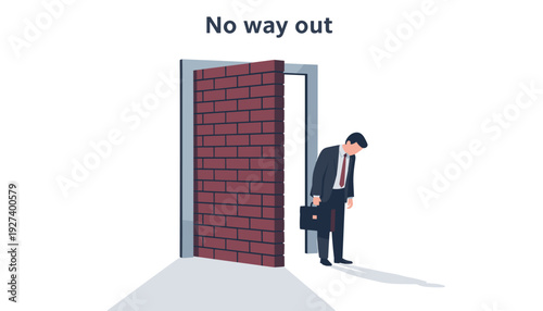 Businessman Standing Dismally Before a Brick Wall Blocking the Doorway, No Way Out Business Concept of Failure, Career Obstacles, Dead End, and Adversity in Professional Life Vector Illustration