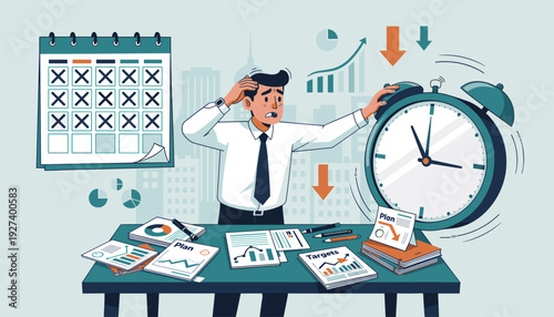 Stressed Businessman Overwhelmed by Tight Deadlines and Failing Targets, Man Panicking at Office Desk with Large Alarm Clock and Calendar, Concept of Poor Time Management and Missing Business Goals