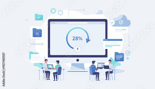 Vector Illustration of Operation System Update Progress Concept with Data Synchronization Process and Installation Program, Team Working on Laptops in Office, Cloud Computing and Technology Icons