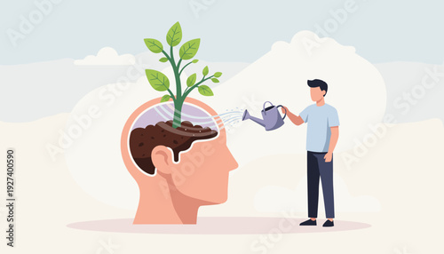 Personal growth and self improvement concept with a man watering a growing plant inside a human head, representing mental health, education, mindset development, and psychological well-being.