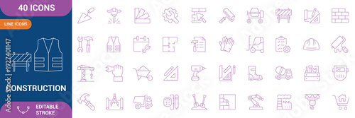 Construction Icon Set. construction, building, architecture, engineering, contractor, renovation, maintenance, infrastructure, machinery, equipment, tools, helmet, safety. Editable stroke. Vector