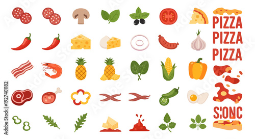 Comprehensive Pizza Ingredients and Toppings Vector Set - Flat Food Icons with Typography