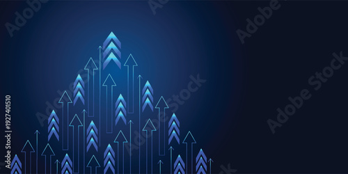 Abstract digital background with numerous glowing blue arrows pointing upwards, symbolizing growth, progress, and technological advancement on a dark blue backdrop.