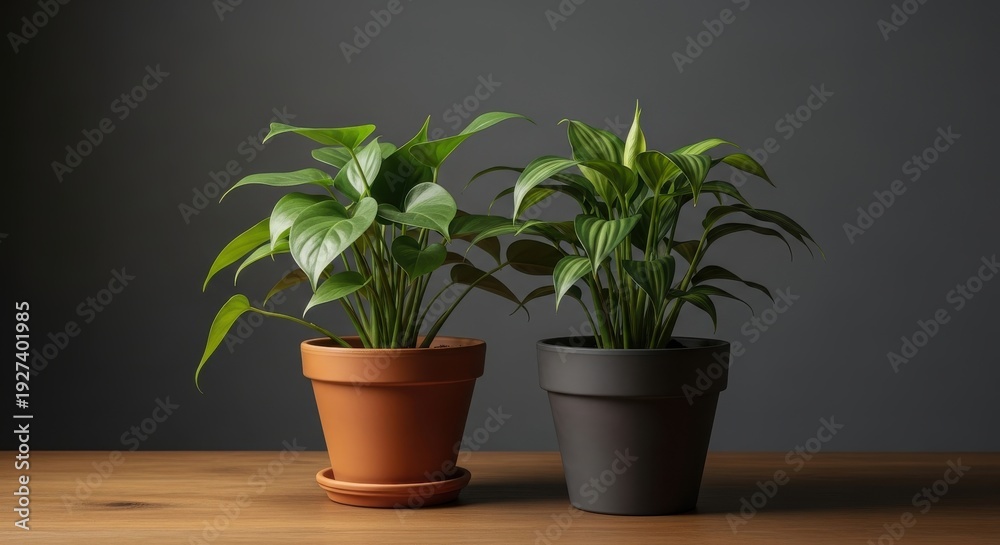 Fototapeta premium Two potted plants on wooden table with dark background