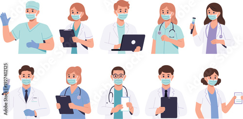 Medical team character set vector illustration, diverse doctors and nurses wearing face masks isolated on white background