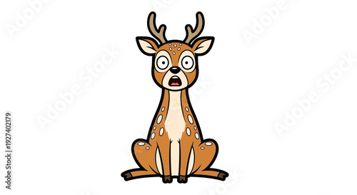 Surprised deer sitting, cartoon illustration, spotted fawn, wildlife
