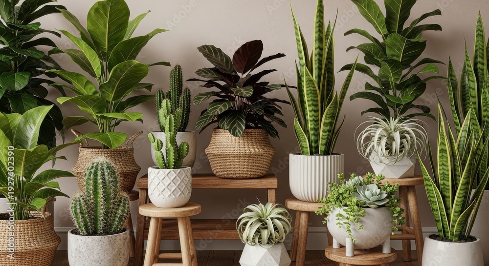 Fototapeta premium Variety of potted plants and succulents on wooden stands indoors