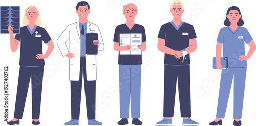 Professional Medical Team Illustration Featuring Doctors and Nurses Holding Xray Reports Clipboards Flat Vector Healthcare Characters Set
