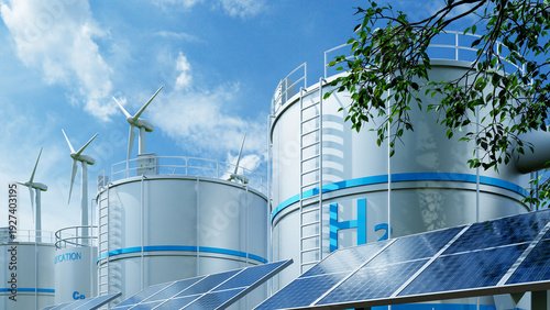 Obraz na płótnie Green hydrogen plant with storage tanks wind turbines and solar panels for renew