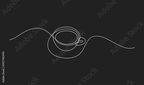 Continuous one line drawing of a coffee cup with a saucer and abstract wavy lines, minimalist vector illustration on dark background.