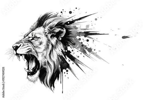 Abstract Black and White Watercolor Roaring Lion Head – Monochrome Wildlife Art Illustration