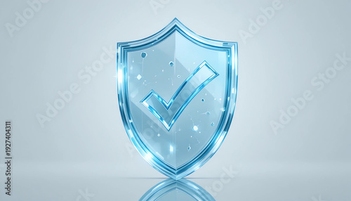Transparent glass shield with checkmark symbol, security and verified concept