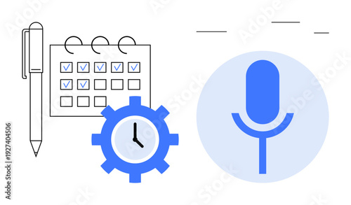 Time management, productivity tools, task organization, audio recording, scheduling, digital planning. Gear with clock, calendar with checkmarks and microphone icon. Time management and productivity
