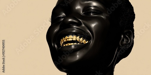 Close-up portrait of a joyful Black person with gold grillz and smooth, dark skin