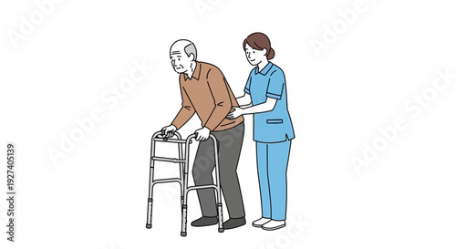 elderly man using walker with nurse support