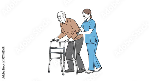 Elderly man using walker with nurse assistance