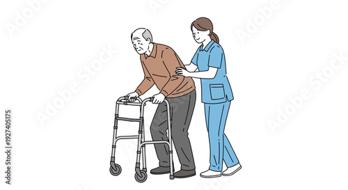 elderly man with walker and nurse, assistance and care