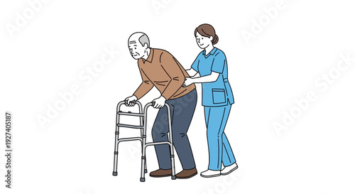 elderly man using walker with nurse support, healthcare concept