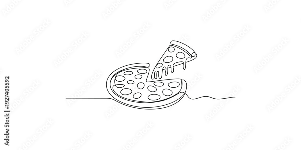 Obraz premium Continuous line drawing of a delicious pizza with one slice being lifted up from the pie.