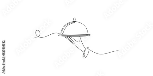 Minimalist continuous line drawing of a hand holding a silver serving platter with a dome cover