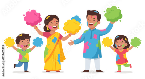 Happy Indian Family Celebrating Holi Festival with Colorful Powder Clouds