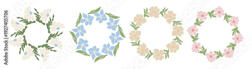 Matisse Botanical Wreaths. Floral Round Frames with Organic Flowers art. Isolated Minimalist Vector illustration with Empty Space on white background