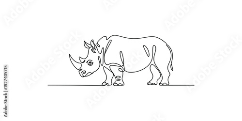 Continuous line drawing of a rhinoceros standing on a horizon line in minimalist style.