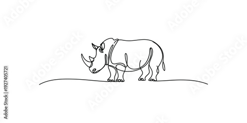 Minimalist one line continuous drawing of a majestic rhinoceros standing on a simple horizon.