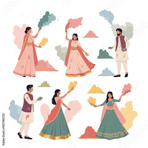 Indian Men and Women in Ethnic Wear Dancing and Playing Holi with Powder