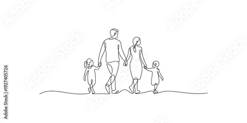 Minimalist continuous line drawing of a happy family of four walking together holding hands.