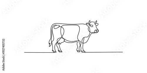 Single line drawing of a cow standing on a horizon line against a white background