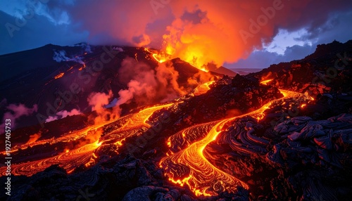 Fiery lava flow cascades down a volcanic mountain in an intense, glowing natural spectacle