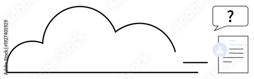 Cloud storage, data sharing, user interaction, digital communication, document processing, information technology. Cloud icon linked to a document with a question mark and user profile. Cloud storage