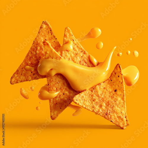 chips and nacho cheese floating in the air. Yellow background. 