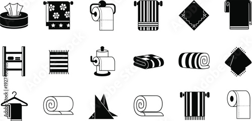Bathroom hygiene icons, towel rack, toilet paper holder, tissue box, folded napkin, rolled towel, striped rug, household essentials, minimalist design