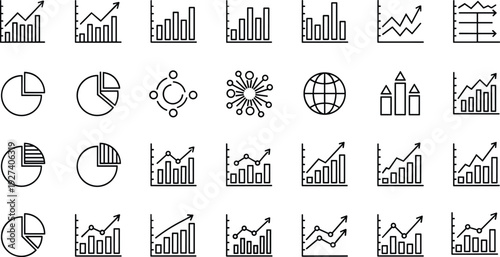 Business analytics and financial data icons set, line chart bar graph pie chart growth statistics vector illustration collection
