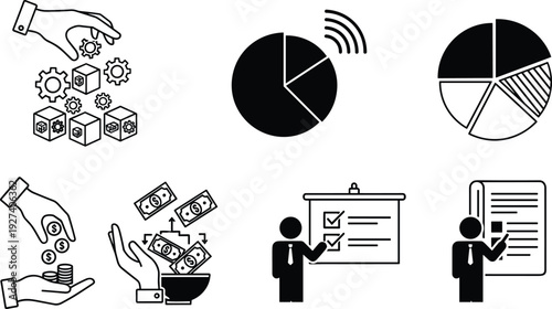 Business finance and data analysis icons, productivity and strategy elements, financial transaction graphics, abstract presentation design set, modern vector illustration