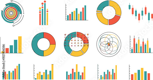 Colorful data visualization chart collection, business analytics icons, statistical infographic elements, abstract presentation graphics, modern dashboard design set, vector illustration