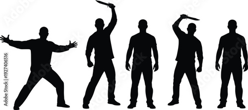 Silhouette of aggressive man holding knife, multiple poses of threat and violence isolated on white background illustration